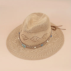 Boho Belt Decor Geometric Crochet Fedora Cap Breathable Summer Beach Hat