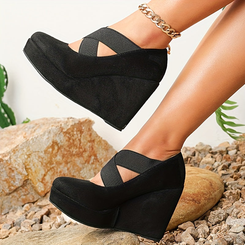 Women's Wedge Heels Round Toe Elastic Cross Strap Slip On High Heels
