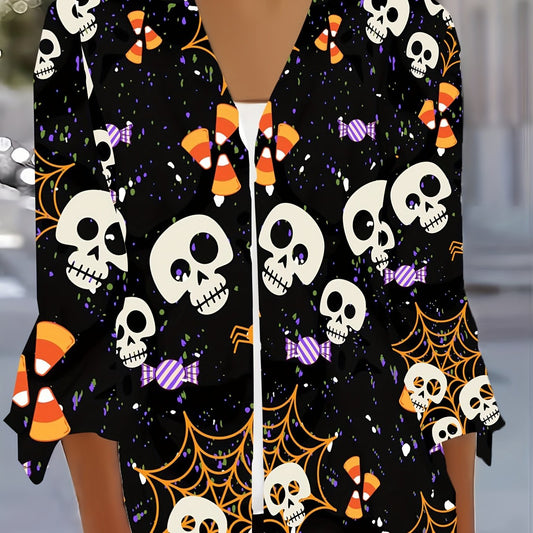 Web & Skull Print Bell Sleeve Cardigan