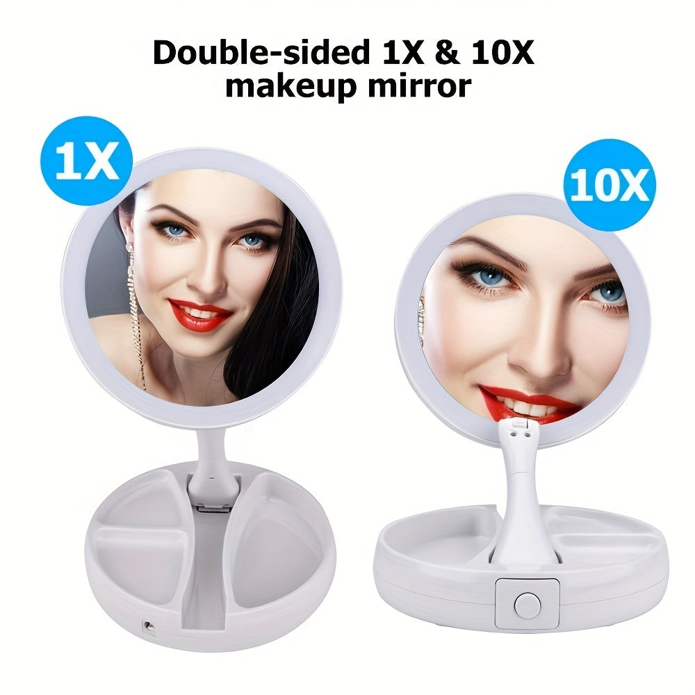 Foldable Makeup Mirror With Led Light Double Sided 1X & 10X Magnifying Mirror