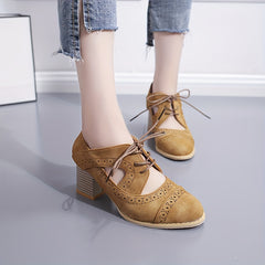 Women's Perforated Brogues Chunky Heels Cut out Lace Up Pointed Toe Short Boots