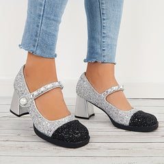 Women's Cap Toe Mary Jane Chunky Heels Dress Pumps