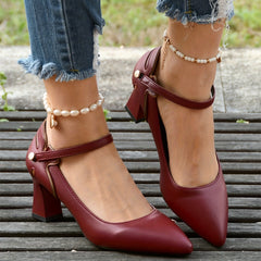 Women's Pointed Toe Pumps Ankle Strap Chunky Heels Mid Heels