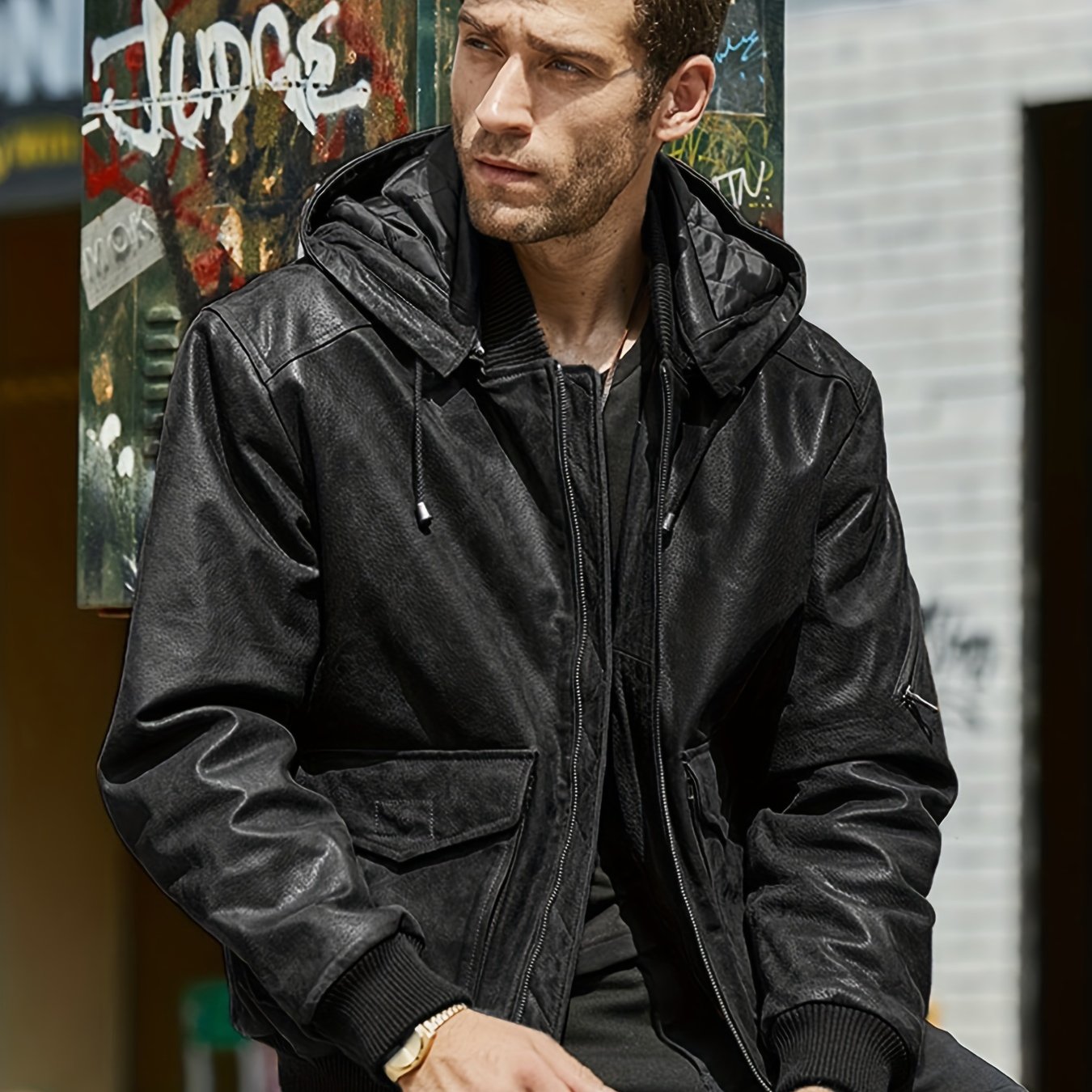 Men's Faux Leather Motorcycle Jacket Stand Collar with Hood