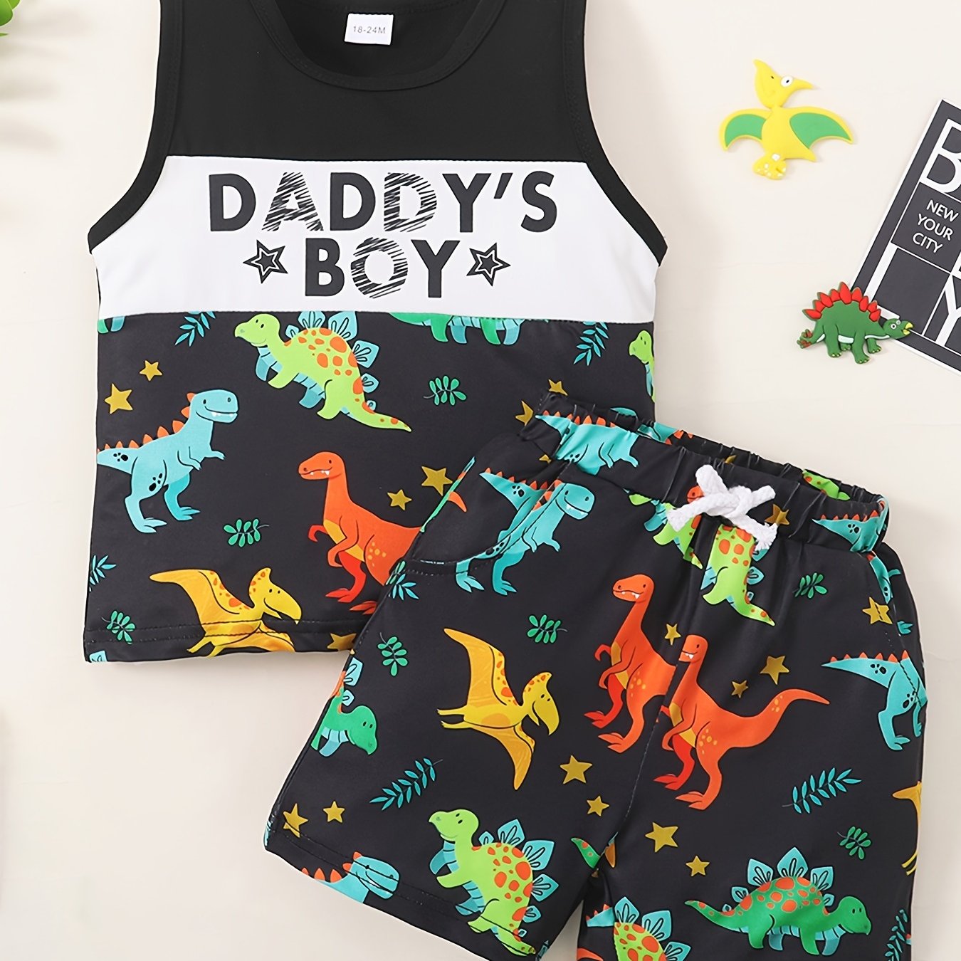 Boys DADDY'S Print Tank Top & Dino Shorts Set Kids Summer Clothes