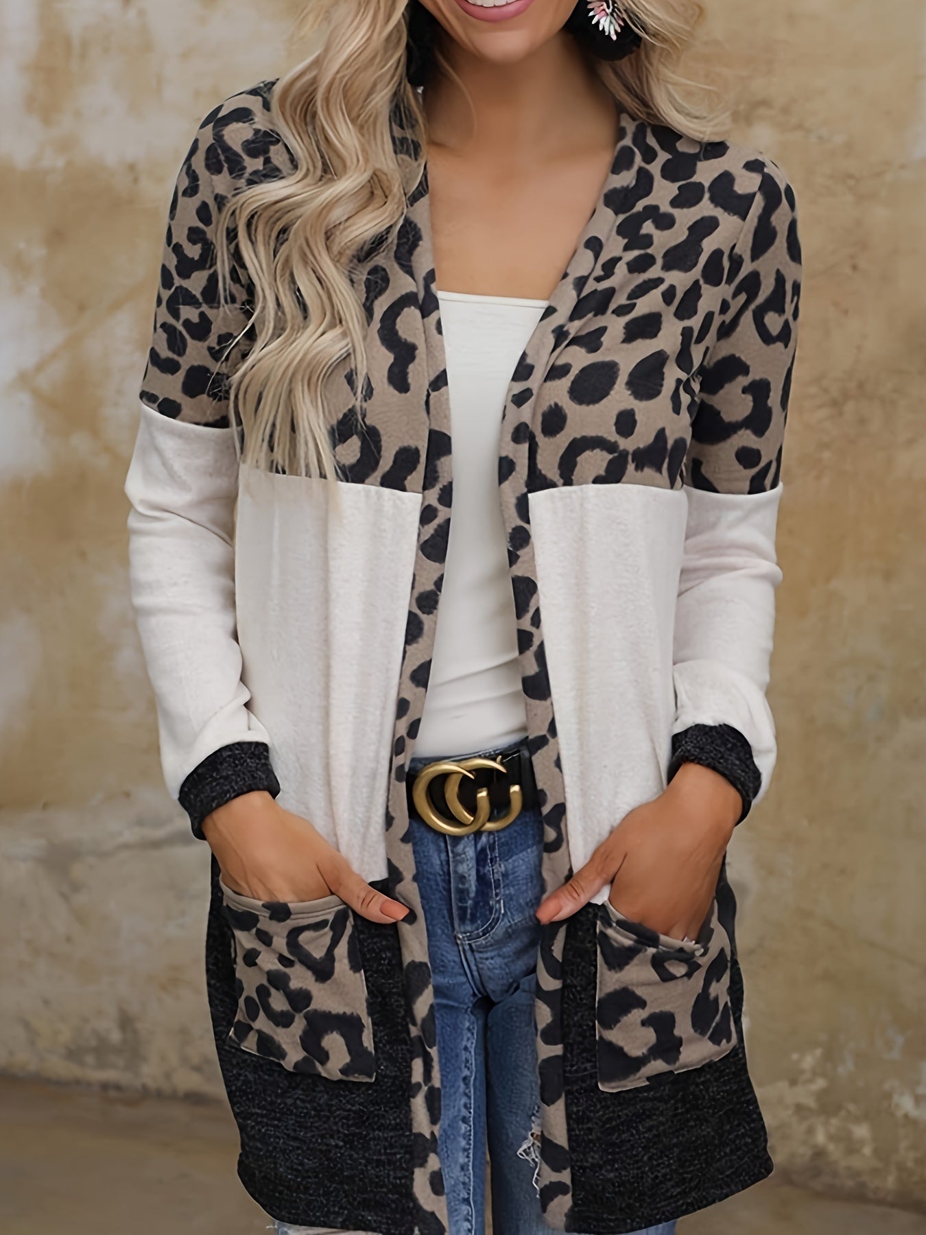 Leopard Print Open Front Cardigan with Pockets