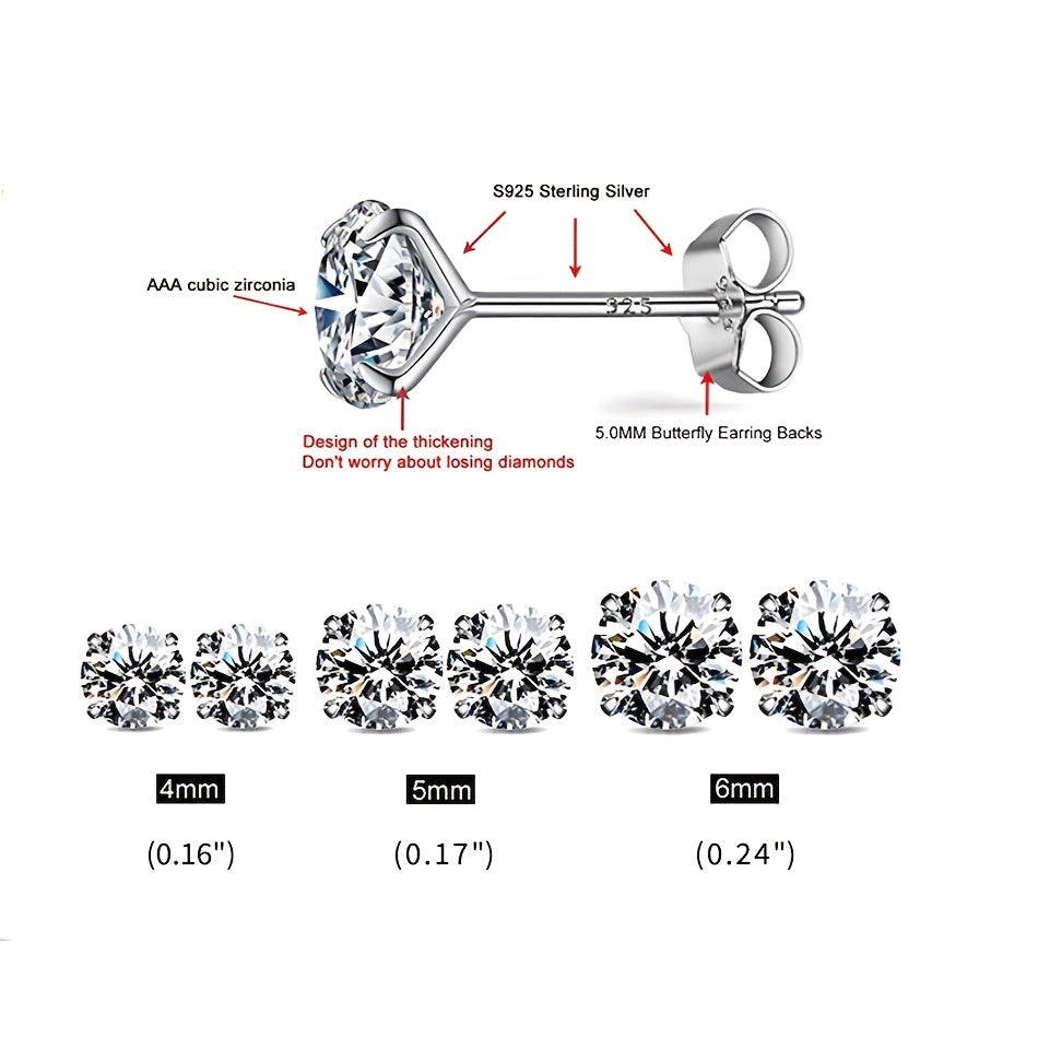 3pcs 925 Silver Stud Earrings Set For Women 4mm 5mm 6mm Gift