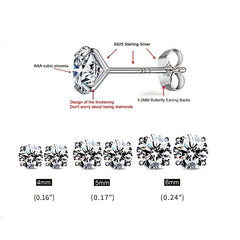 3pcs 925 Silver Stud Earrings Set For Women 4mm 5mm 6mm Gift