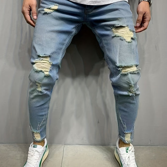 Slim Fit Ripped Cotton Jeans Men's Casual Street Style Distressed Denim Pants