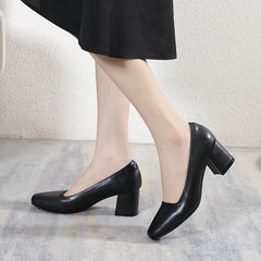 Women's Square Toe Court Pumps Black Chunky Mid Heels