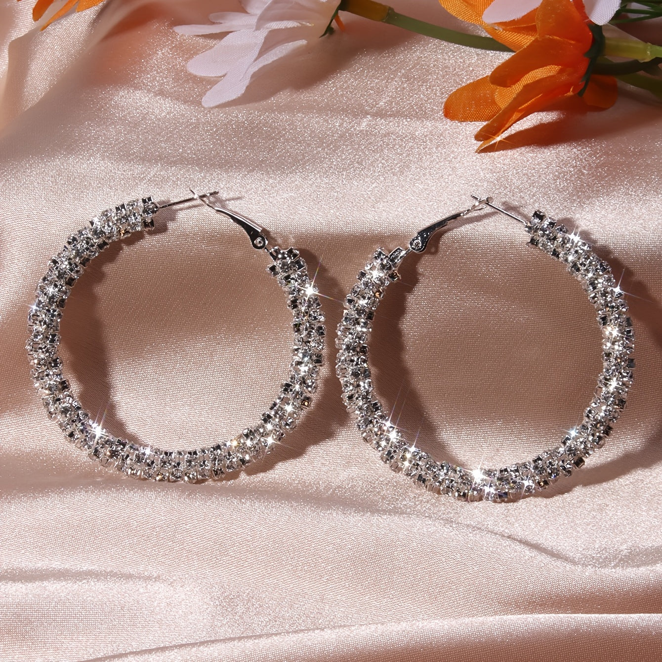 Full Rhinestone Hoop Earrings Silver Plated Jewelry Party Gift 1Pair