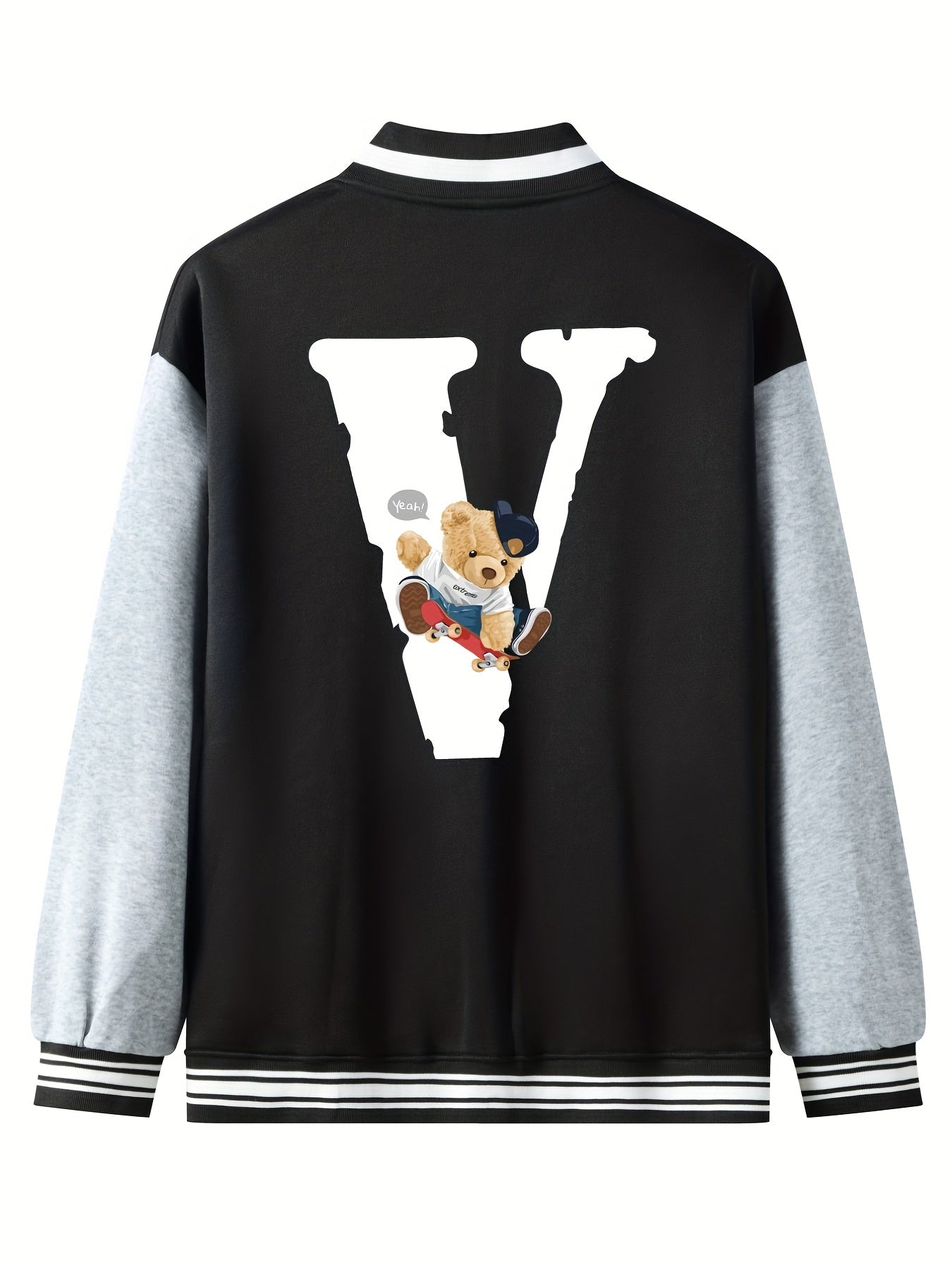 V Letter Print Teddy Bear Pattern Graphic Baseball Jacket Men's Clothes