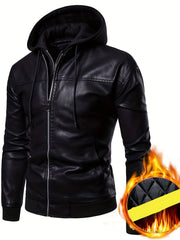 Men's PU Hooded Biker Jacket Zip Up Faux Leather