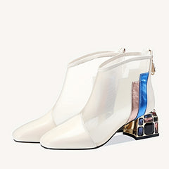 Women's Mesh Heeled Sandals Pointed Toe Rhinestone Chunky Heels Ankle Boots
