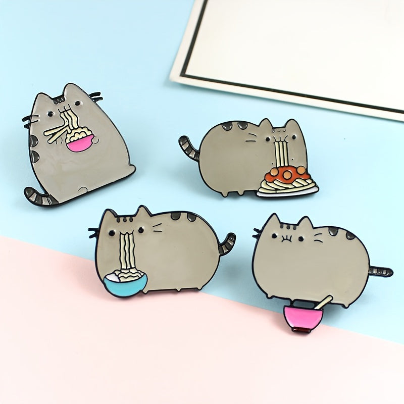 Cute Gray Cat Eating Noodle Brooch