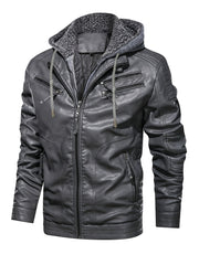 Men's Zipper Hoodie Autumn Winter Solid PU Faux Leather Jacket