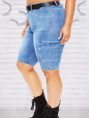 Women's Plus Washed Button Fly Denim Shorts With Flap Pockets
