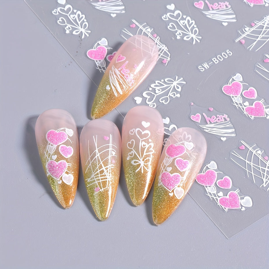 3D Golden Glitter Heart Love Nail Sticker Reflective Valentine Self Adhesive