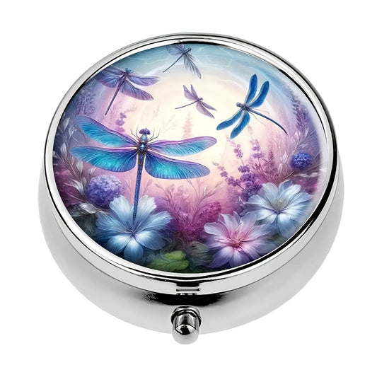 Dragonfly & Floral Round Pill Organizer 3 Compartments Portable Medicine Case