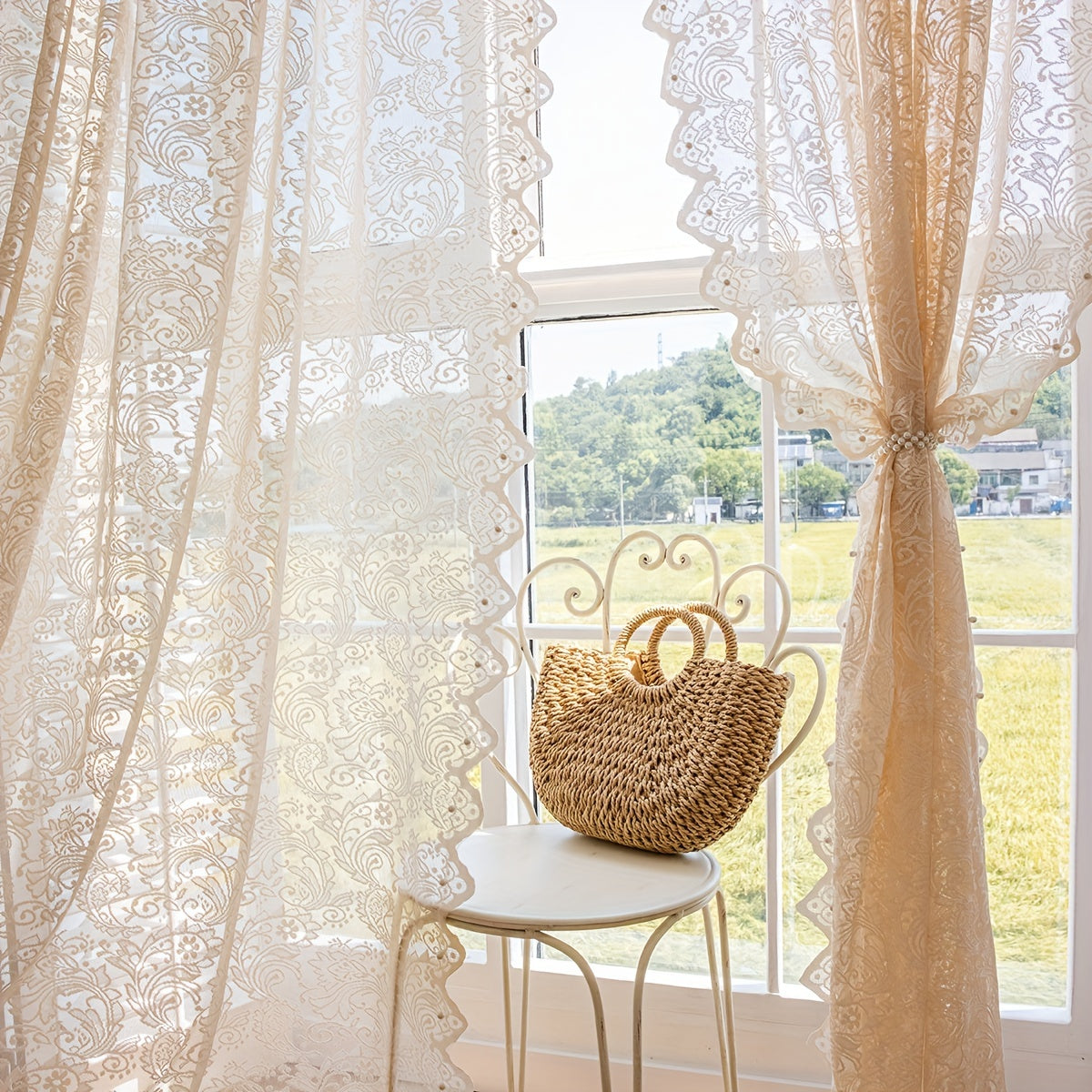 French Romantic Lace Sheer Curtain with Faux Pearl Detail