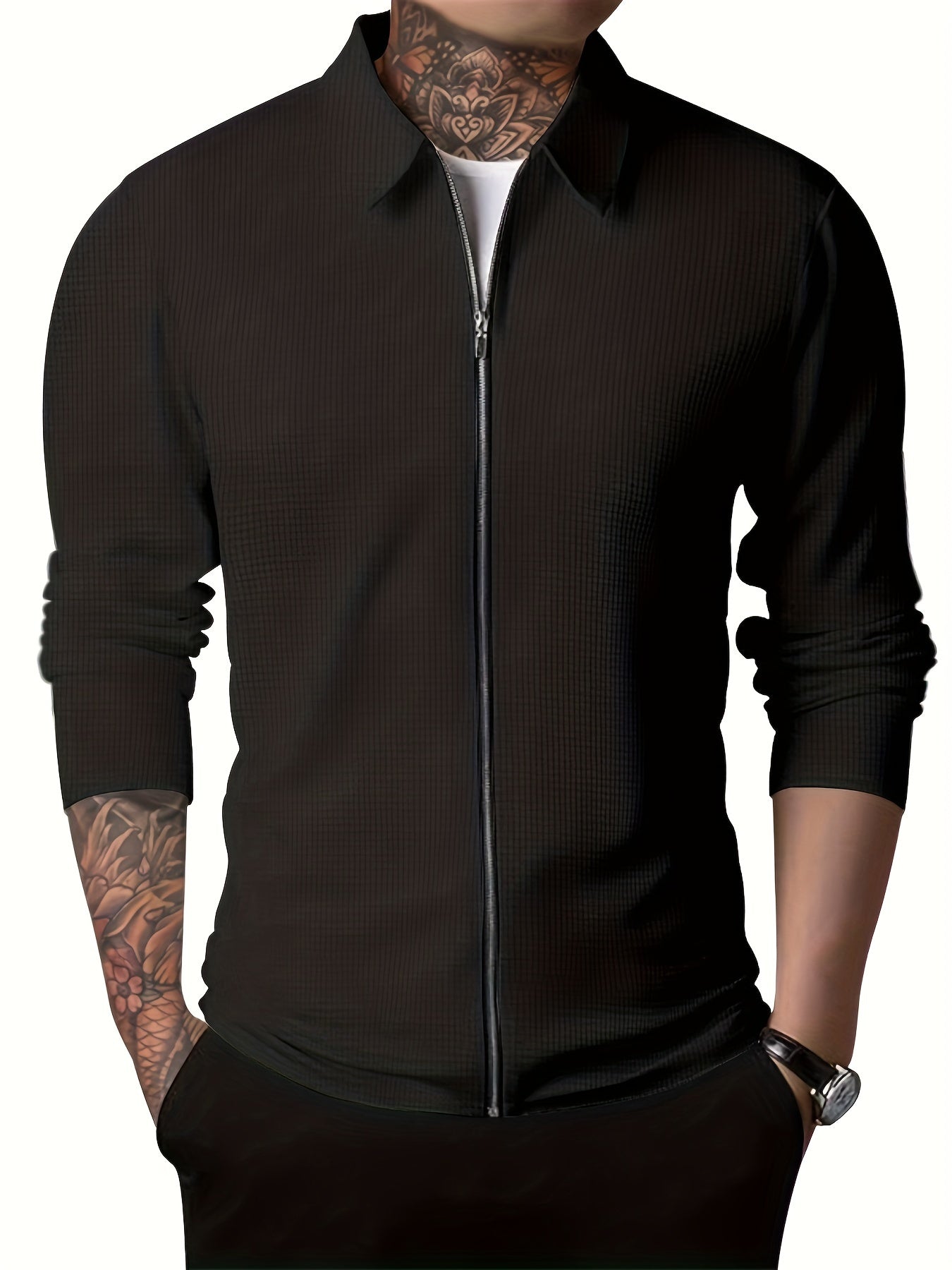 Men's Full Zip Up Waffle Pattern Jacket Lapel Coat Spring Fall