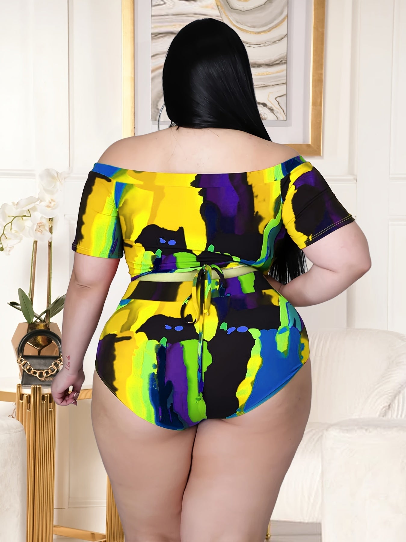 Tie Dye Off Shoulder Crop Top & Shorts Swimsuit Set