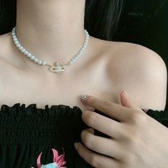 Pearl Necklace Rhinestone Planet Pendant Chain Mother's Holiday Birthday