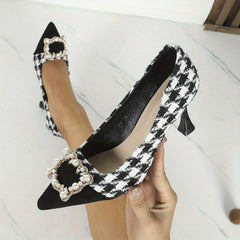 Women's Houndstooth Stiletto Heels Faux Pearl Buckle Cap Toe Pumps
