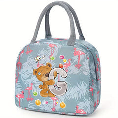 Insulated Lunch Bag with Bear & Tropical Letter A Thermal Cooler Tote