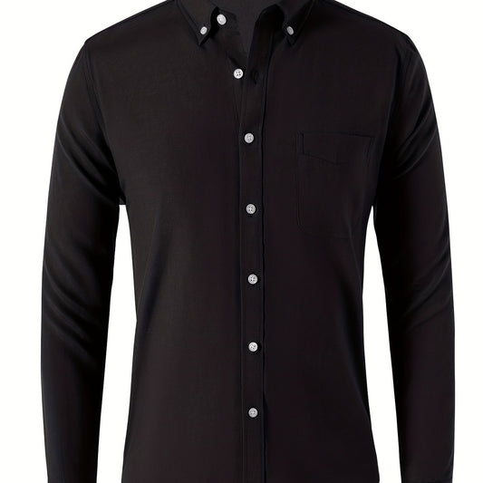 Solid Men's Casual Button Up Long Sleeve Shirt With Pocket