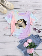 Kitty & Tie Dye Tee for Toddler Girls Short Sleeve Crewneck Summer Top