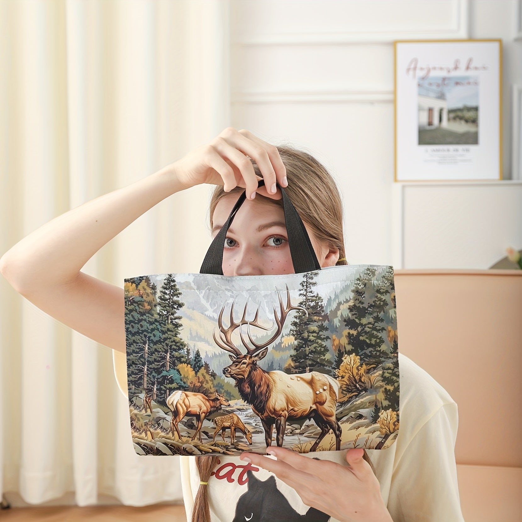 Elk Print Insulated Lunch Bag Leakproof Double Sided Durable Hand Washable