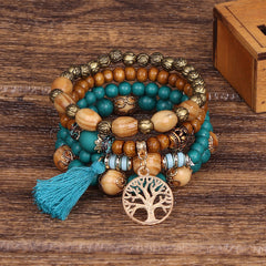 Boho Tree & Tassel Charm Beaded Bracelet Set