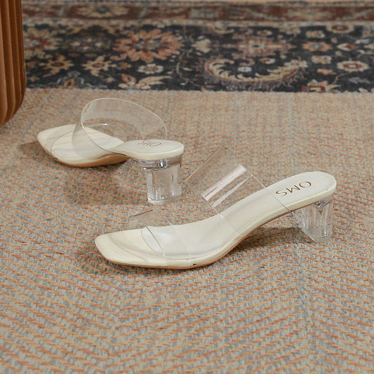 Crystal Block Heel Sandals Double Strap Pumps Square Toe Women's Summer Heels