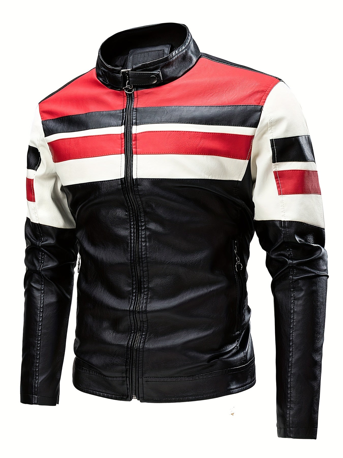 Men's Striped Leather Jacket Stand Collar Motorcycle Coat