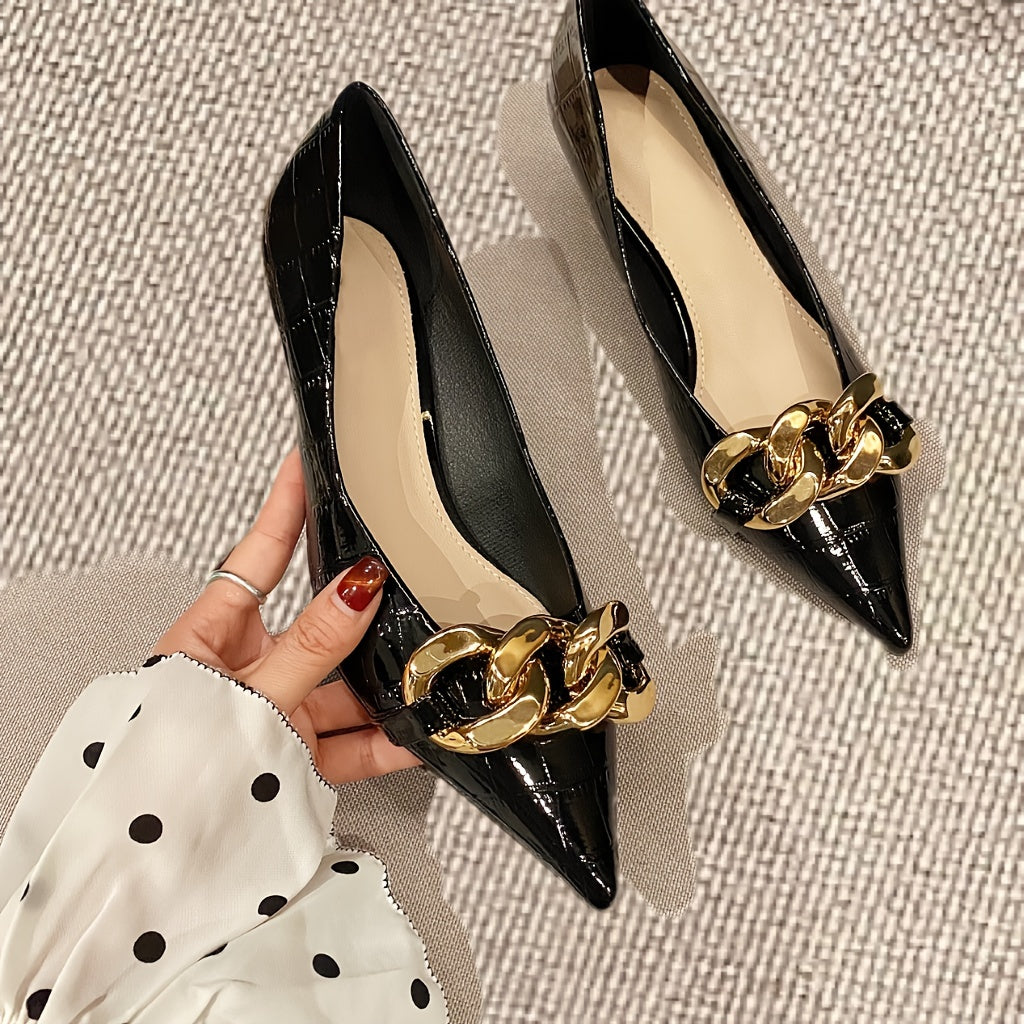 Women's Metallic Chain Kitten Heels Pointed Toe Pumps