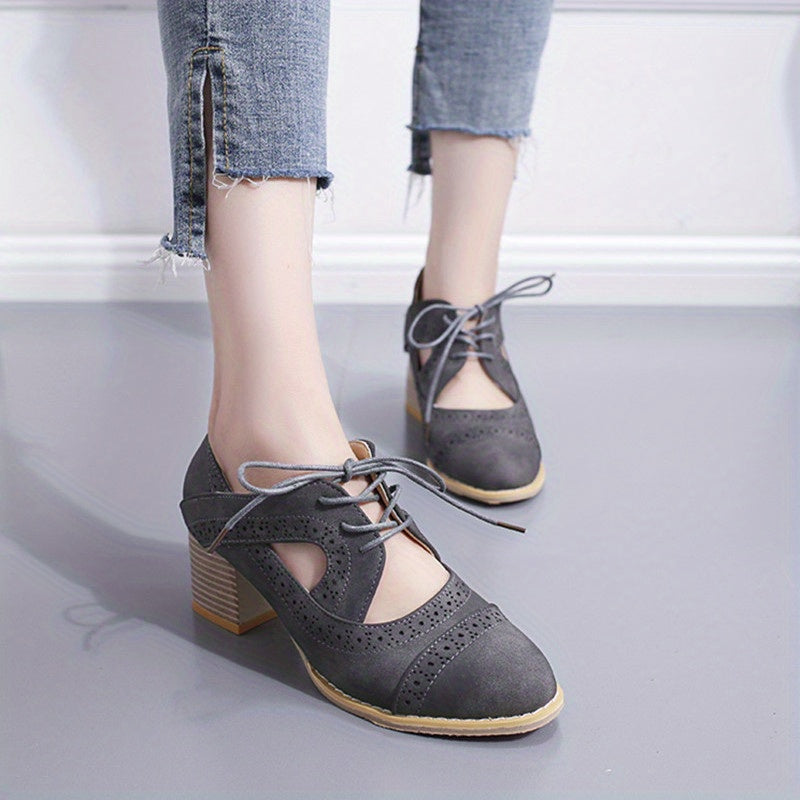 Women's Perforated Brogues Chunky Heels Cut out Lace Up Pointed Toe Short Boots