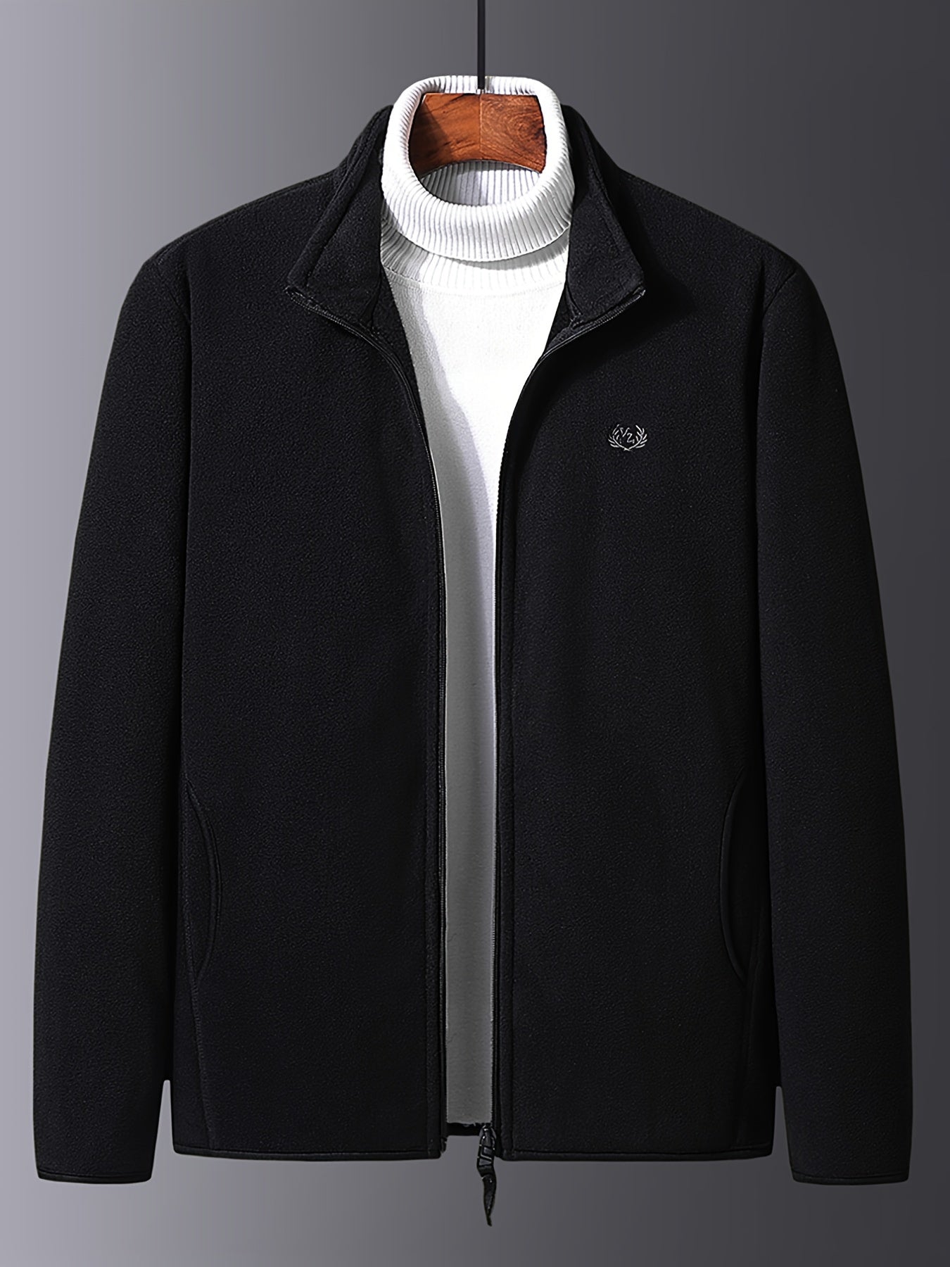 Men's Casual Fleece Jacket Solid Full Zip Stand Collar