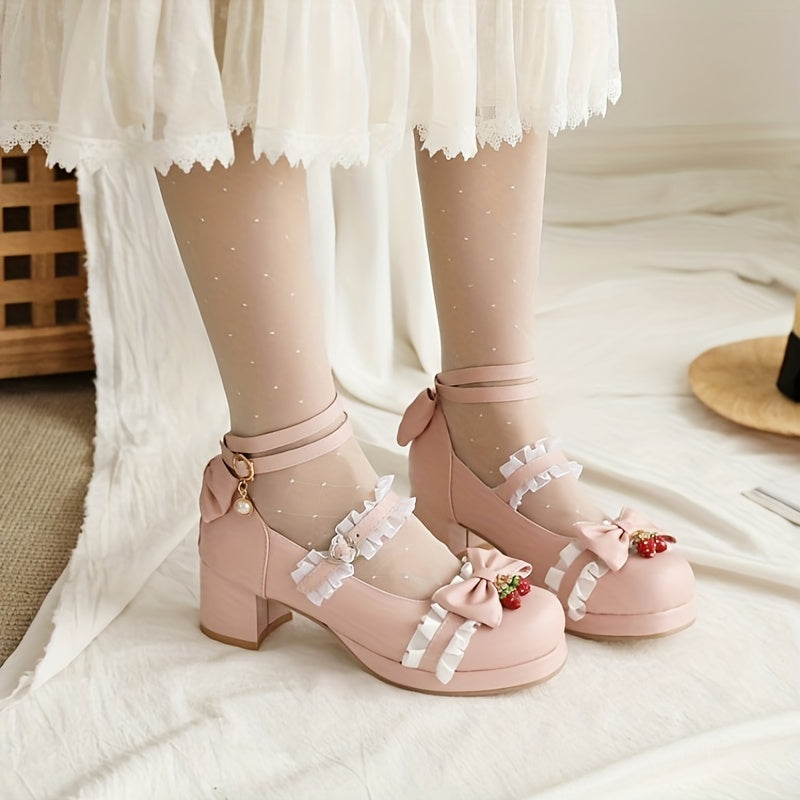 Women's Bowknot Chunky Heels Sweet Strawberry Buckle Strap Shoes