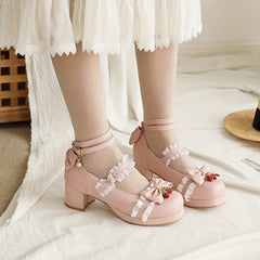 Women's Bowknot Chunky Heels Sweet Strawberry Buckle Strap Shoes