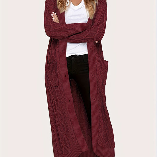 Cable Long Sleeve Stretch Sweater Cardigan With Pockets