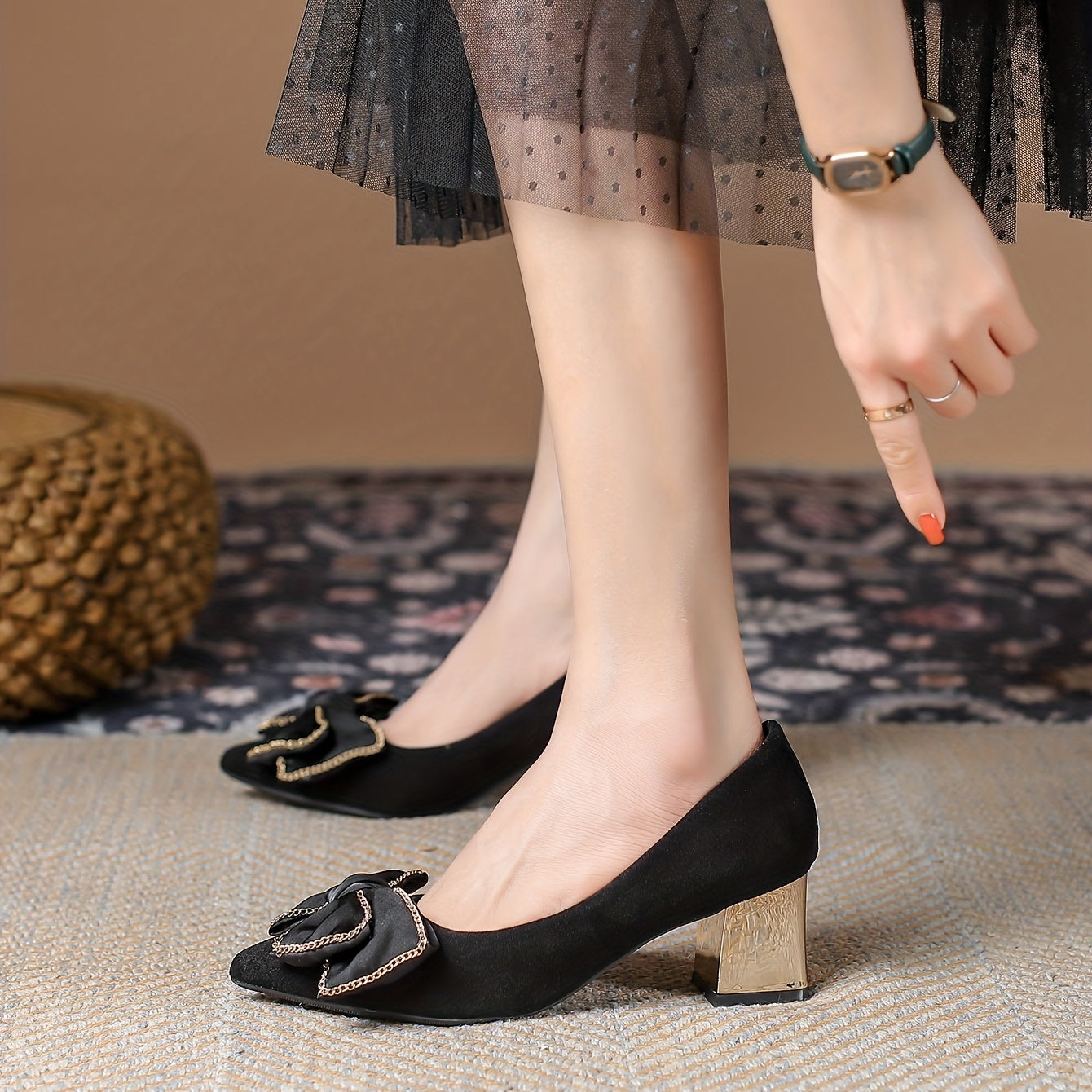 Women's Bowknot Pumps Pointed Toe Slip On Chunky Mid Heels Shoes