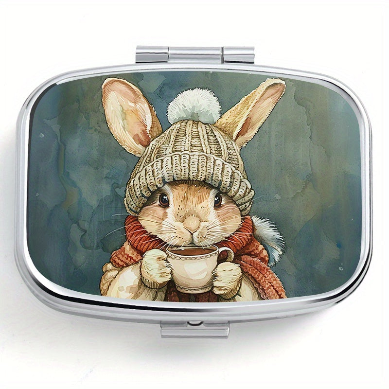 Winter Bunny 2 Compartment Pill Organizer Metal Case