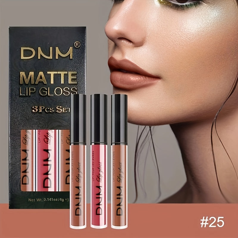 3pcs Matte Liquid Lipstick Set Dark Red Brown Smudge Proof Makeup