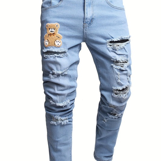 Men's Ripped Washed Slim Fit Jeans with Embroidered Bear Patch
