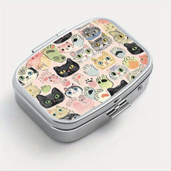 Whimsical Cat Square Pill Box Dual Compartments Compact Portable Travel Outdoor