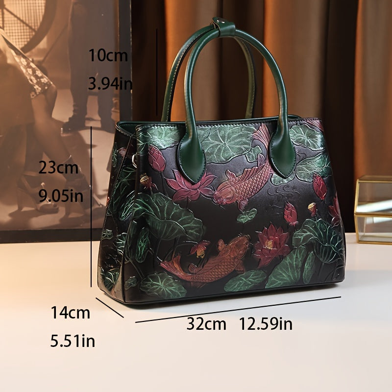 Hand Painted Koi Fish & Lotus Tote Bag - Large Capacity