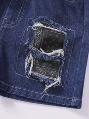 Boys Allover Print Casual Outfit Round Neck T shirt & Denim Shorts Set