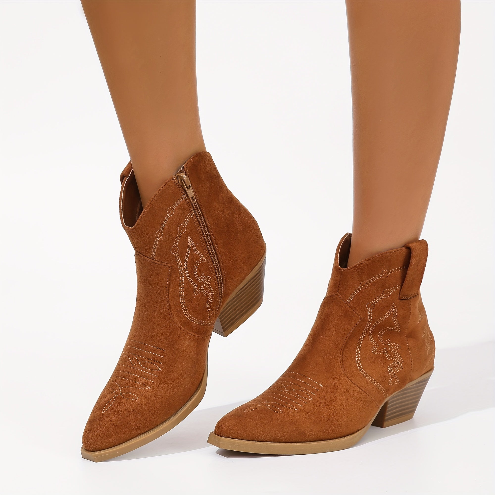 Women's Retro Western Ankle Boots Pointed Toe Solid Embroidered Chunky Heels