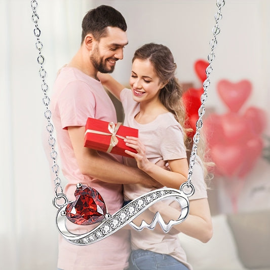 Infinity Love Heart Pendant Necklace with Red Zirconia 925 Sterling Silver
